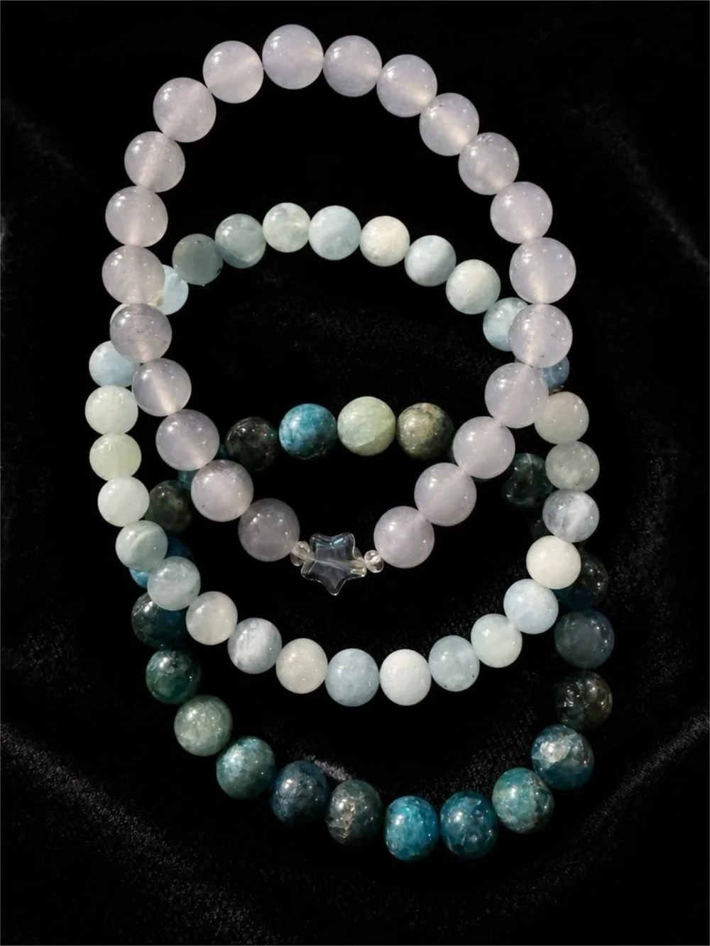 Three Beaded Stretch Bracelets in Shades of Blue and Gray